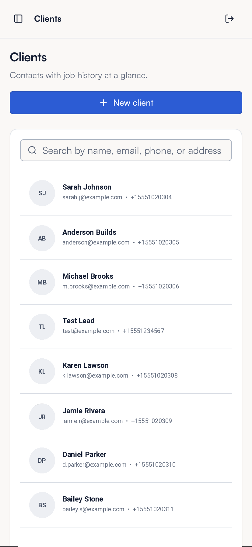 FastQuote clients list with search and contact details