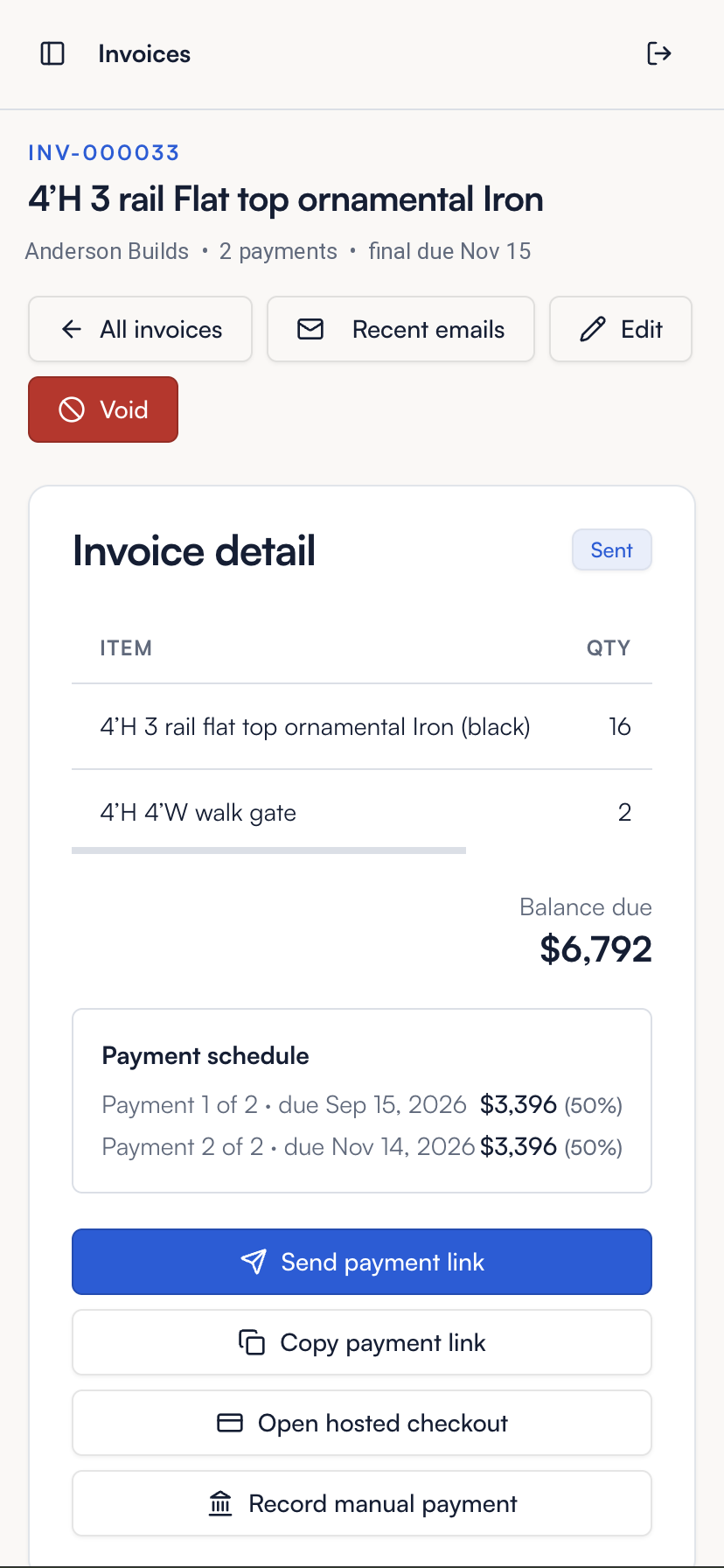 FastQuote invoice detail with 2-payment schedule and send payment link