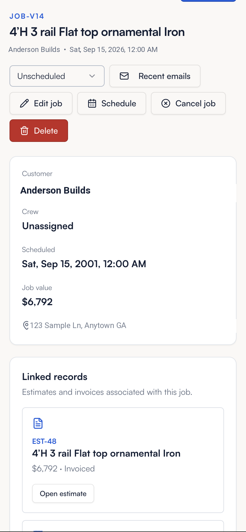 FastQuote job detail with customer, crew, schedule, job value, and linked estimate