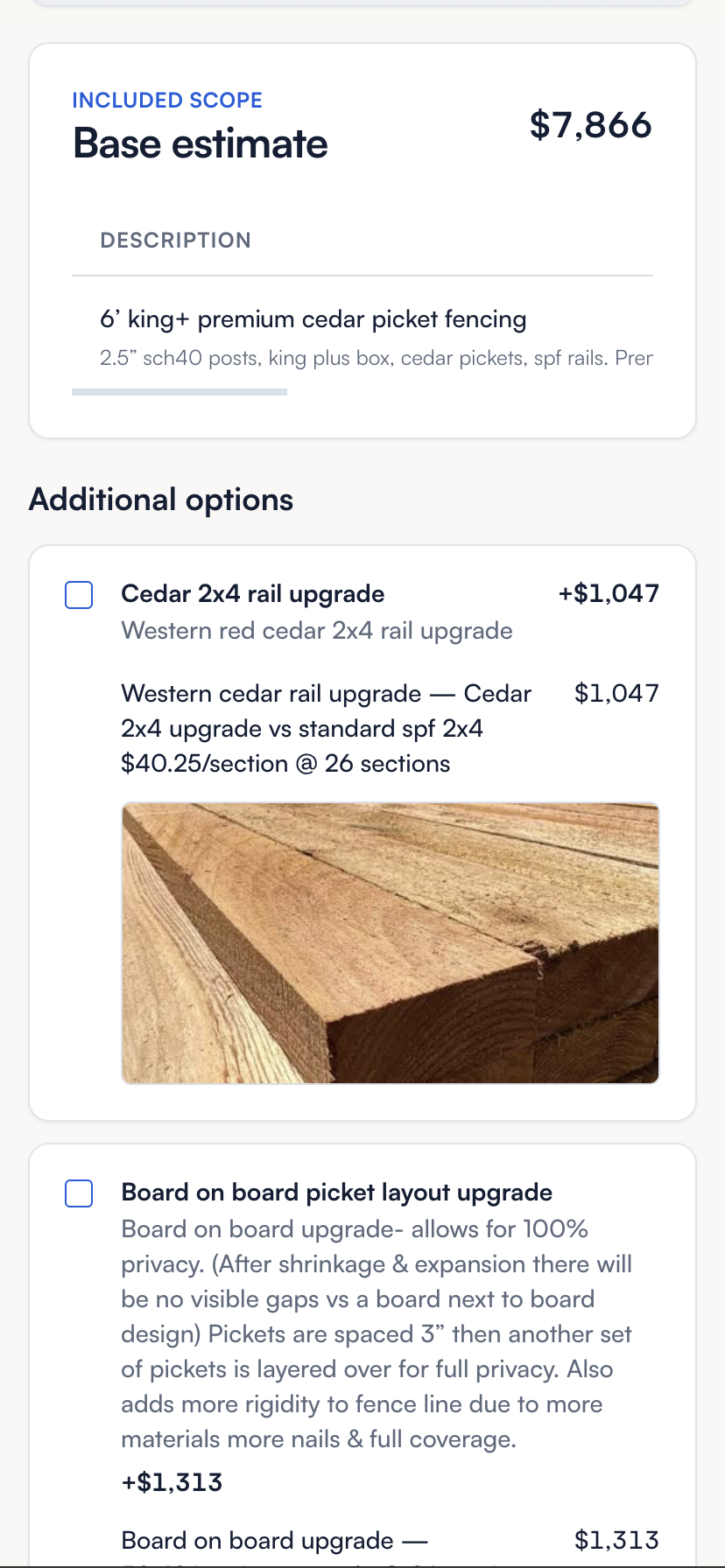 FastQuote customer proposal view with base scope and cedar rail upgrade options