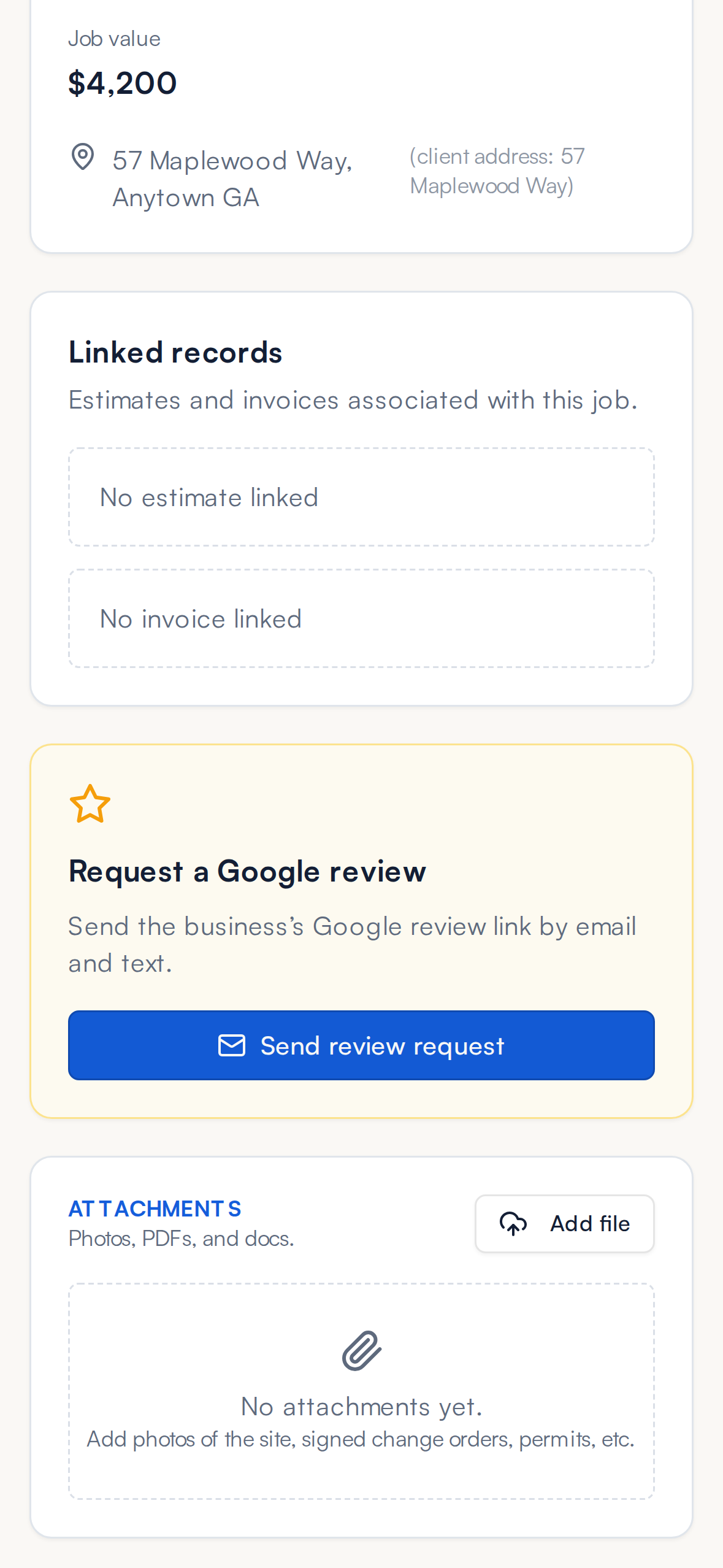 FastQuote job detail with Request a Google review section