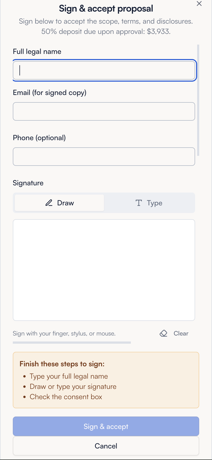 FastQuote e-signature form on customer's phone