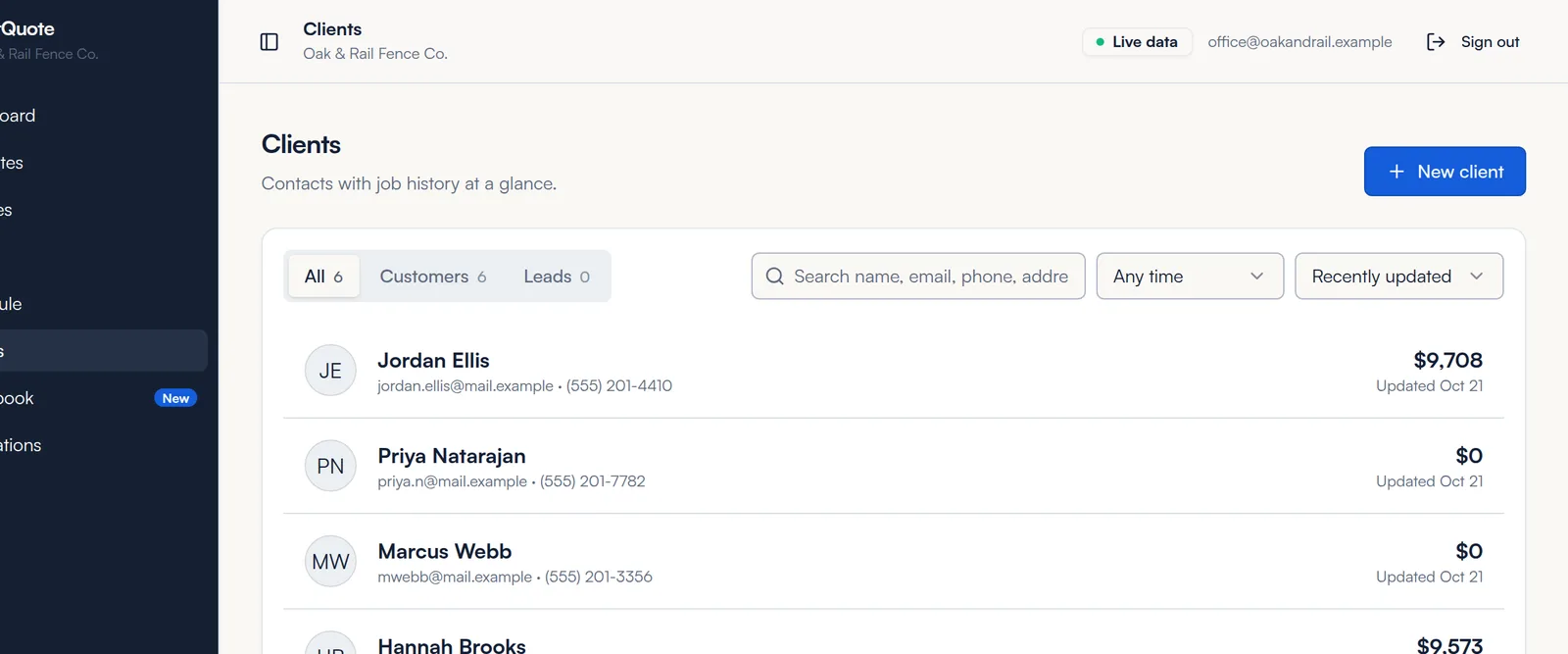 Clients list with filters, search, date range and sort