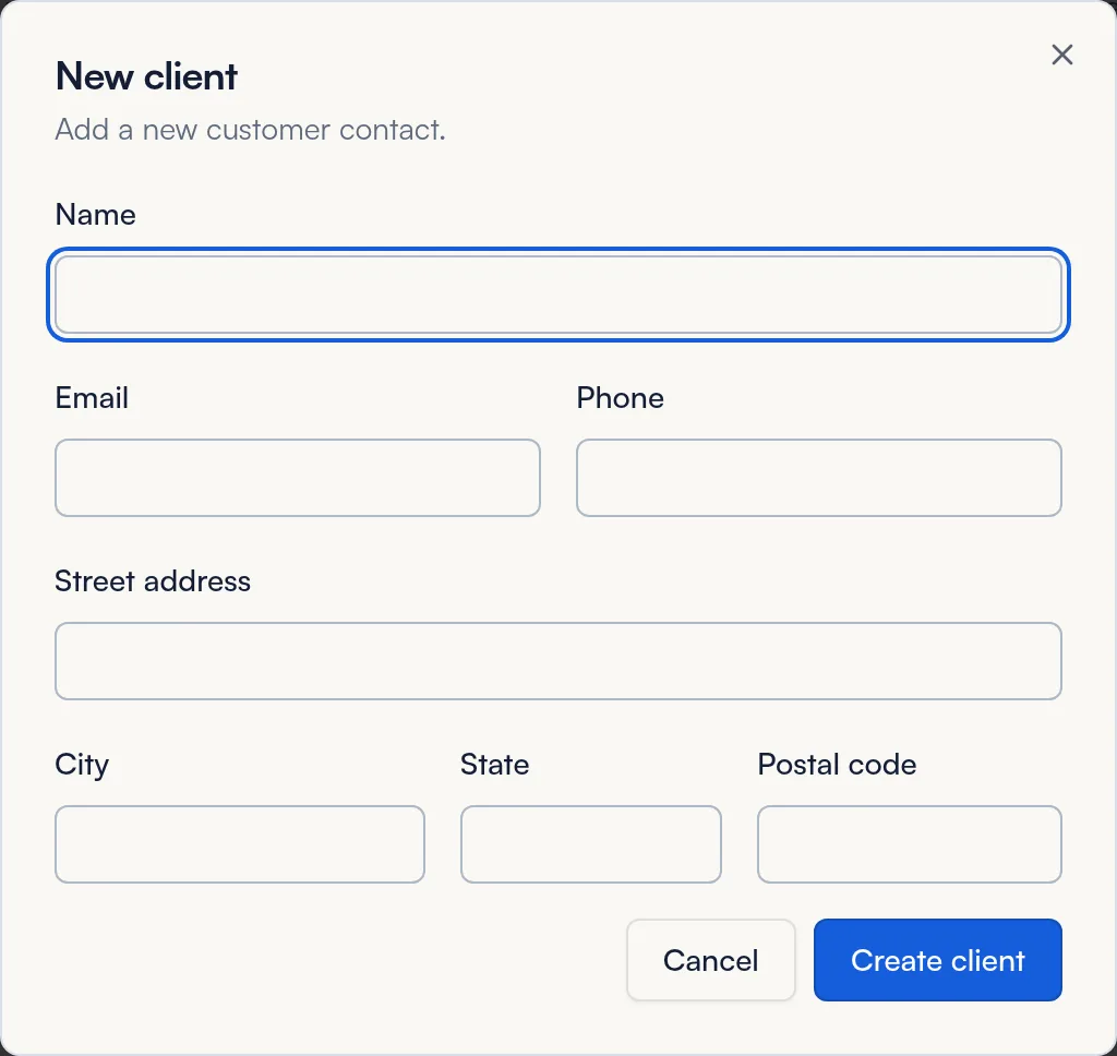 New client window with name, email, phone and address fields