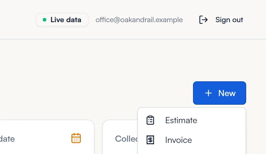 The New button open with Estimate, Invoice and Job