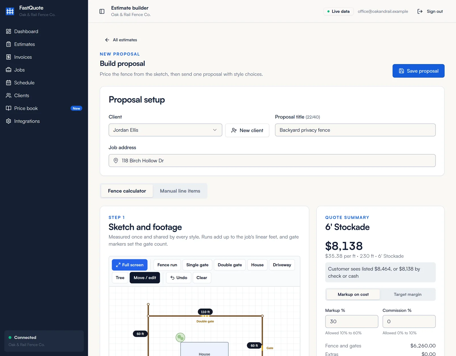 Estimate builder with proposal setup and the fence calculator