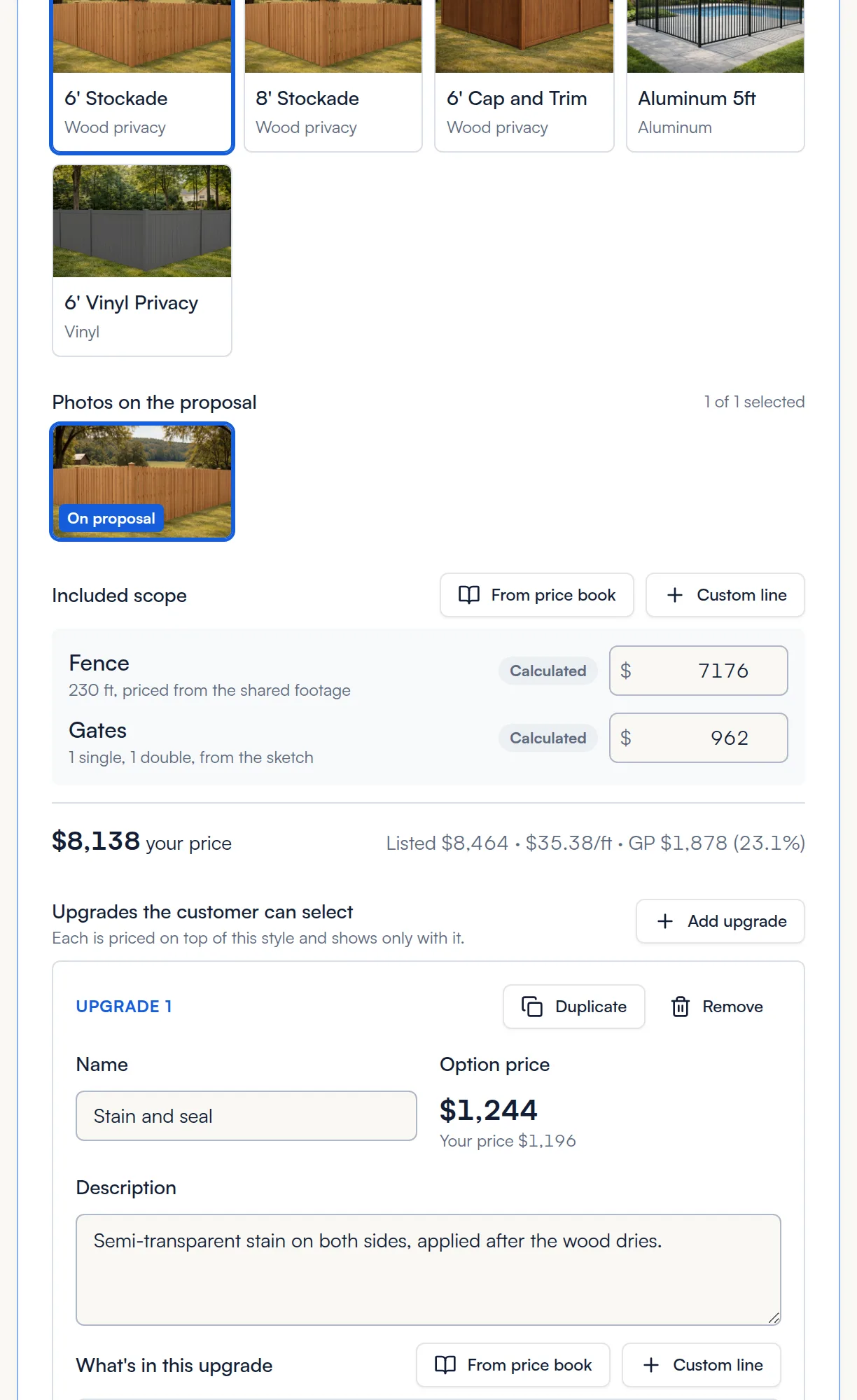 Base estimate style card for 6 foot stockade with photos, scope, calculated fence and gate costs and an upgrade