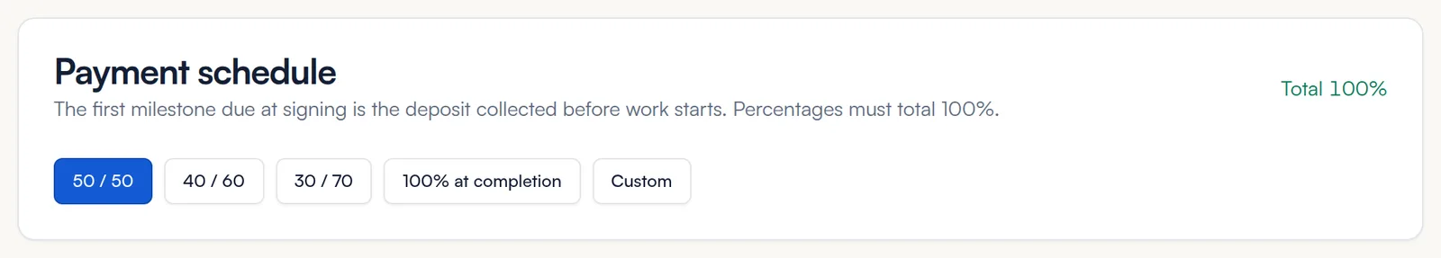 Payment schedule presets with 50 / 50 selected