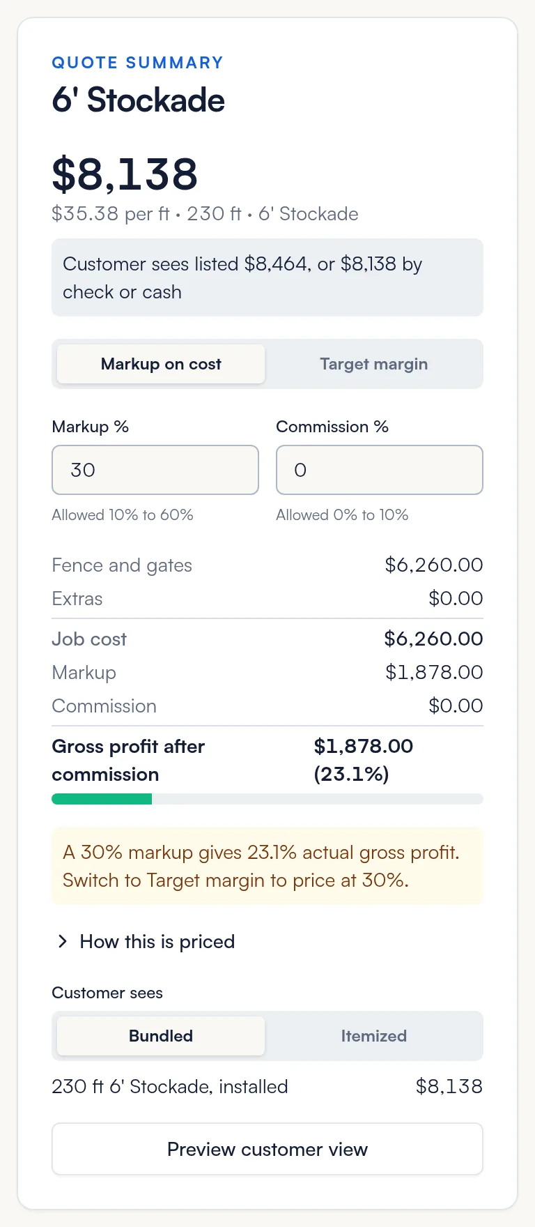 Quote summary with markup, commission, cost breakdown, gross profit and the customer view setting