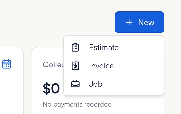 The New button on the Dashboard opened to show Estimate, Invoice and Job