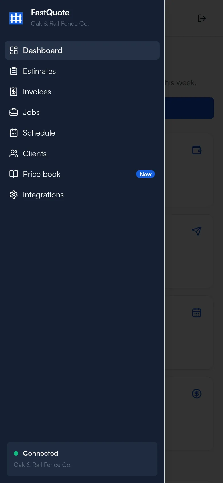 FastQuote menu open on a phone