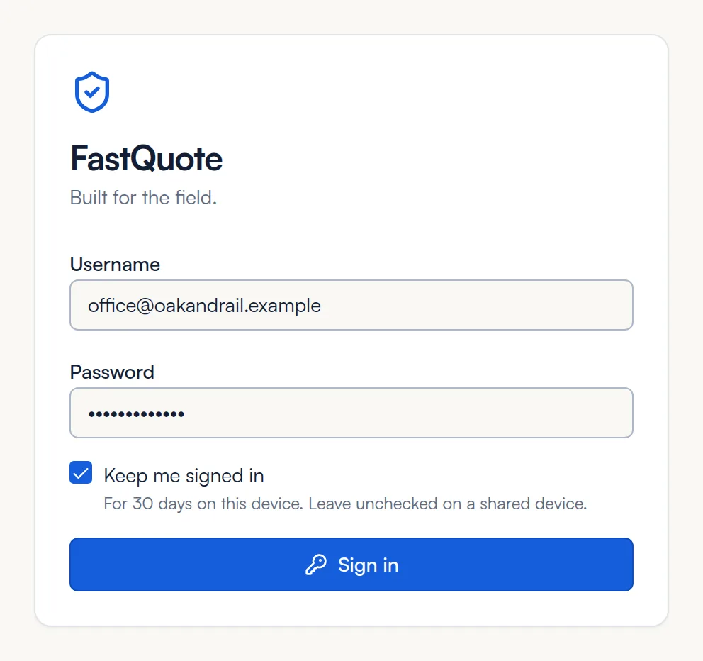 FastQuote sign-in screen with Username, Password, Keep me signed in and the Sign in button