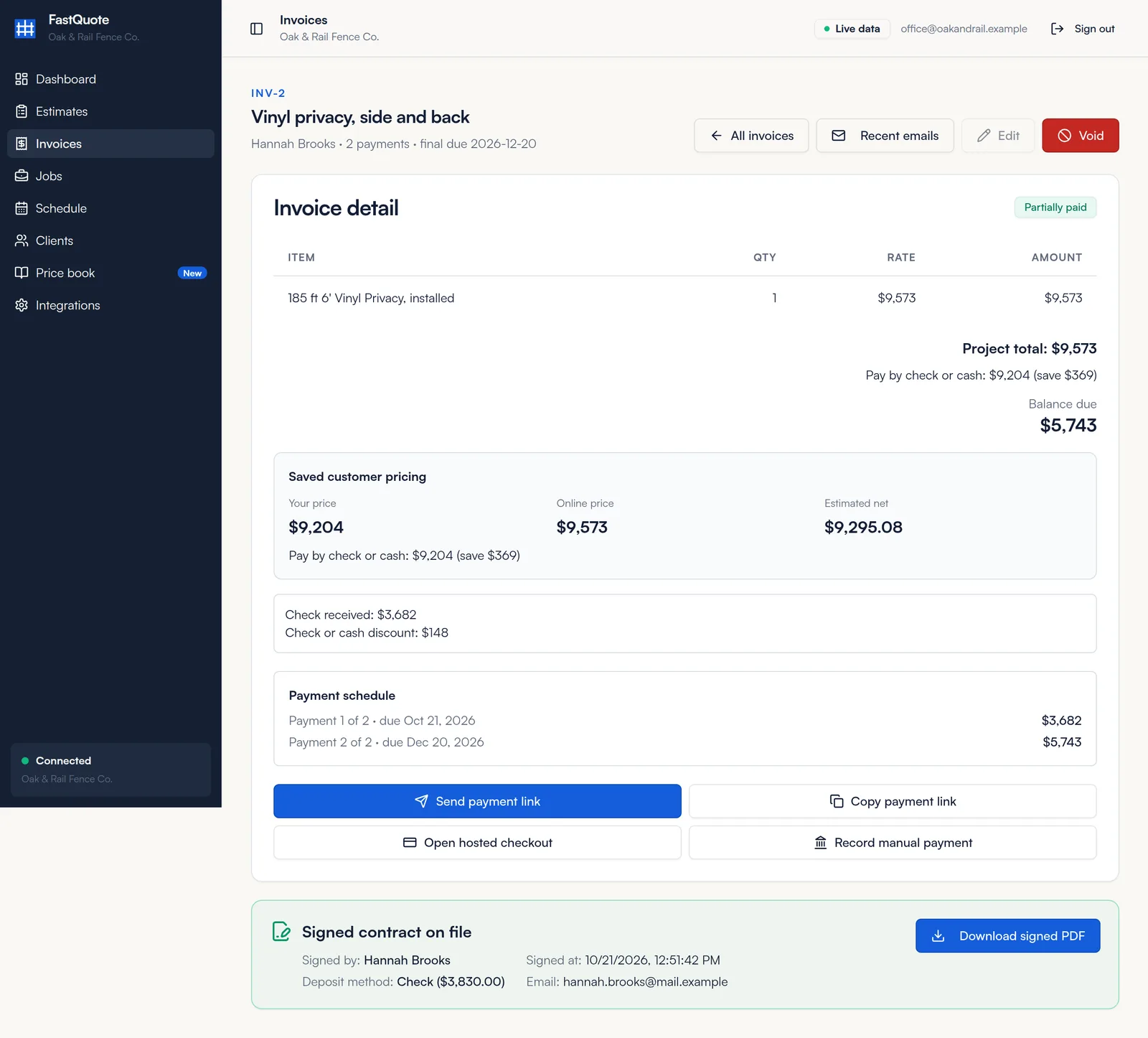 Invoice detail for a partially paid invoice with check received, payment schedule and payment buttons