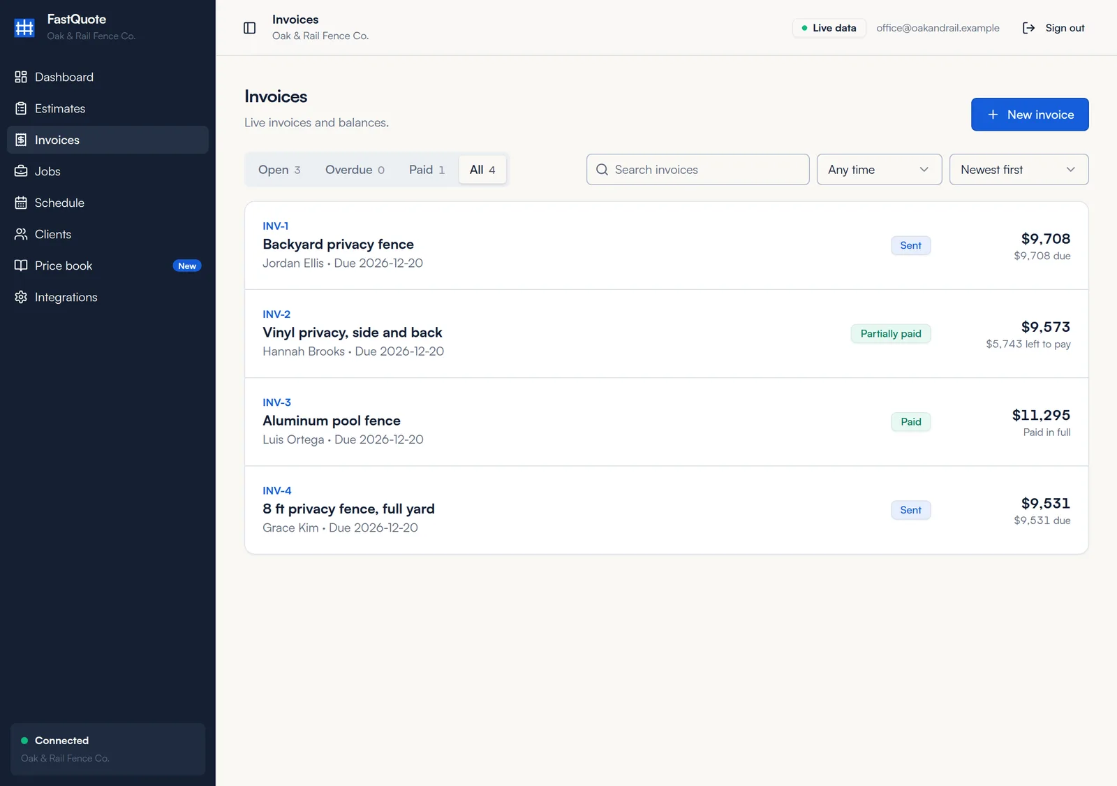 Invoice list with sent, partially paid and paid invoices