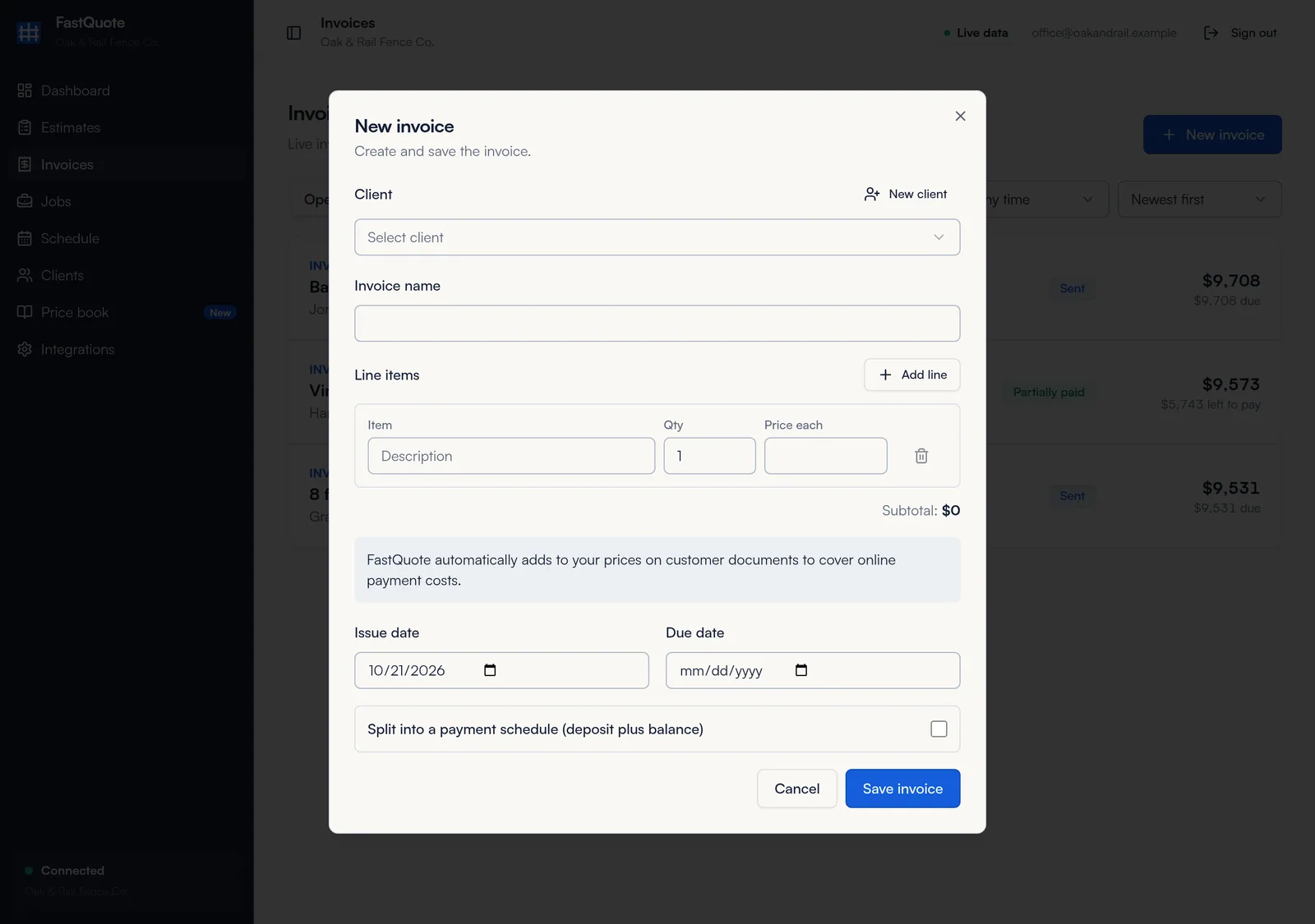 New invoice window with client, invoice name, line items, dates and payment schedule option