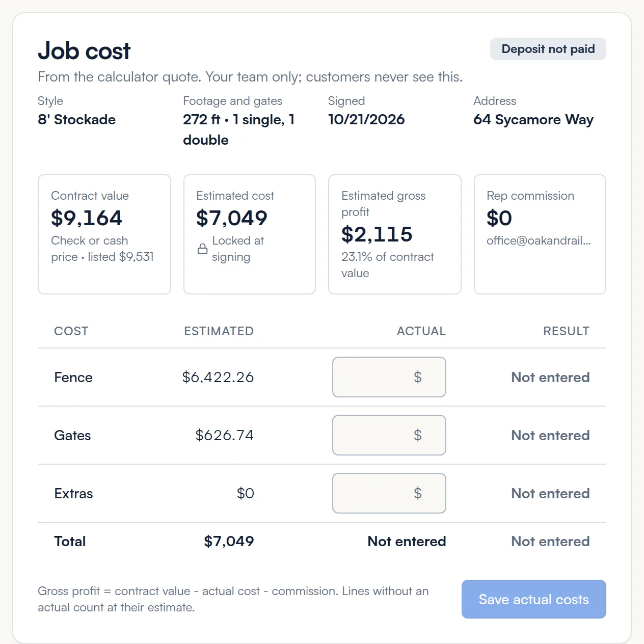 Job cost card with contract value, estimated cost, gross profit, commission and actual cost inputs