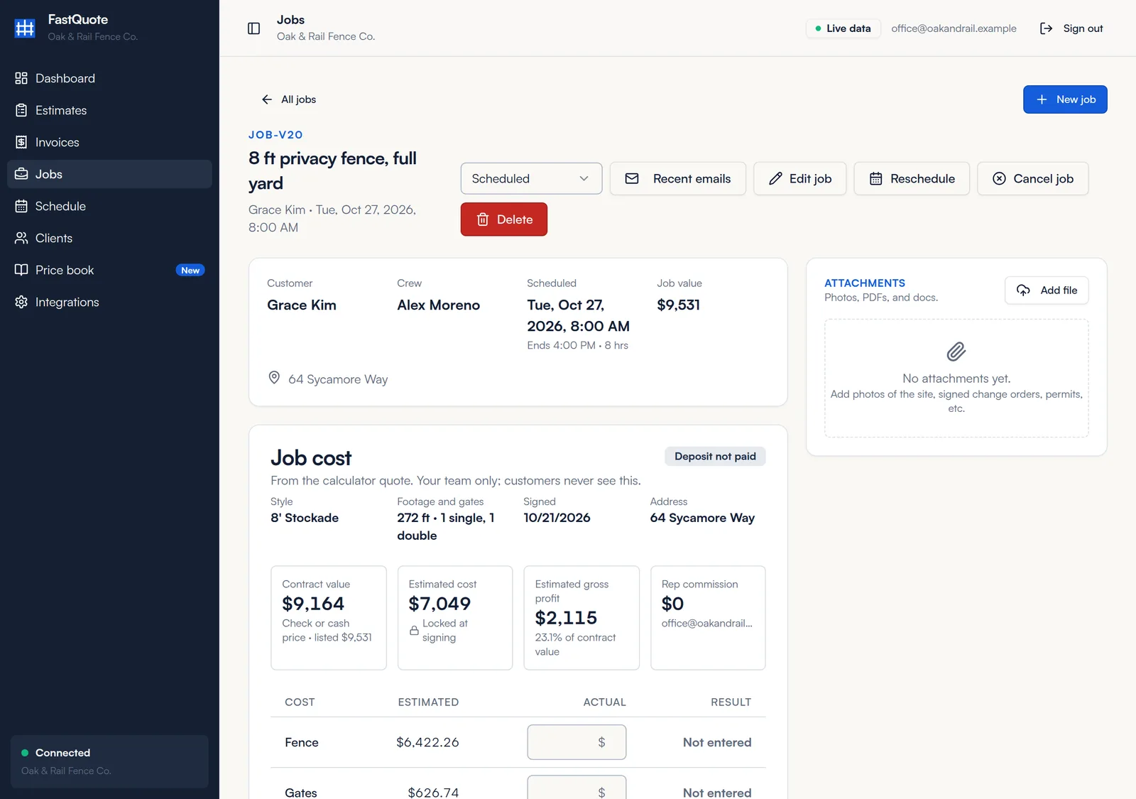 Job page with status, Edit job, Reschedule, Cancel job, details and job cost