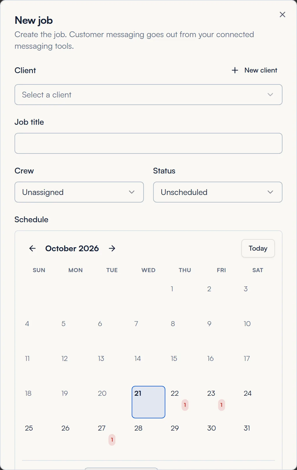 New job window with client, job title, crew, status and a calendar