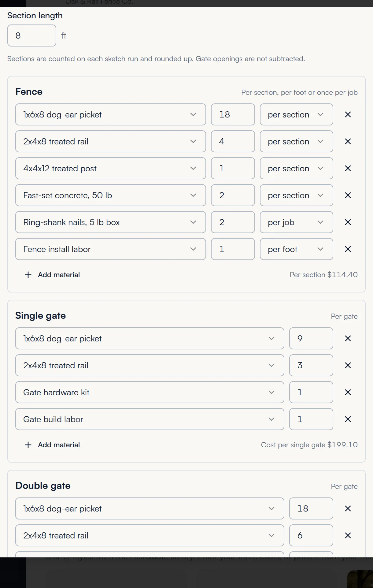 Material lists for an 8 foot stockade style with fence, single gate and double gate items