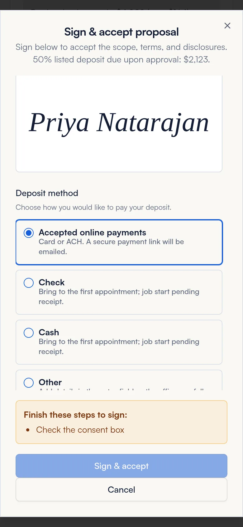 Deposit method choices on the sign window: online payments, check, cash and other