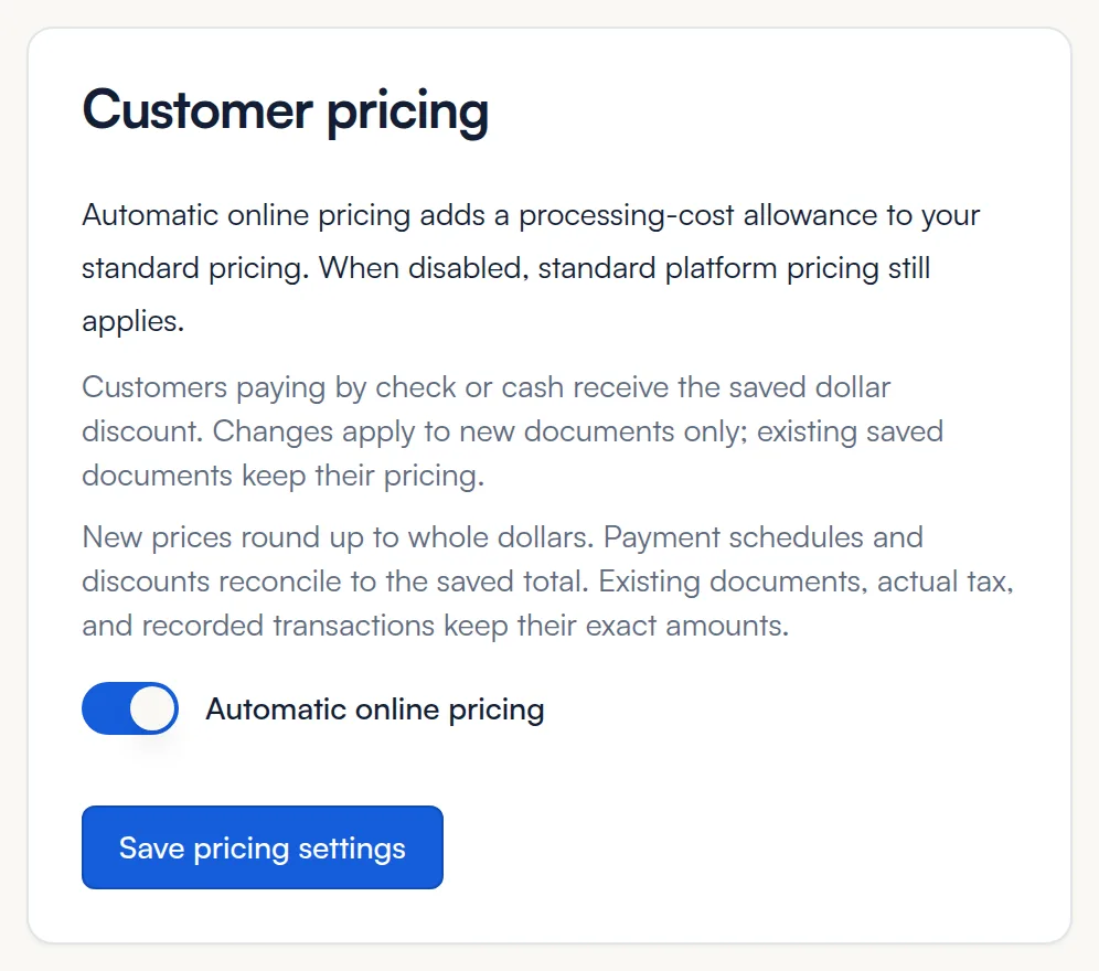 Customer pricing card with the Automatic online pricing switch