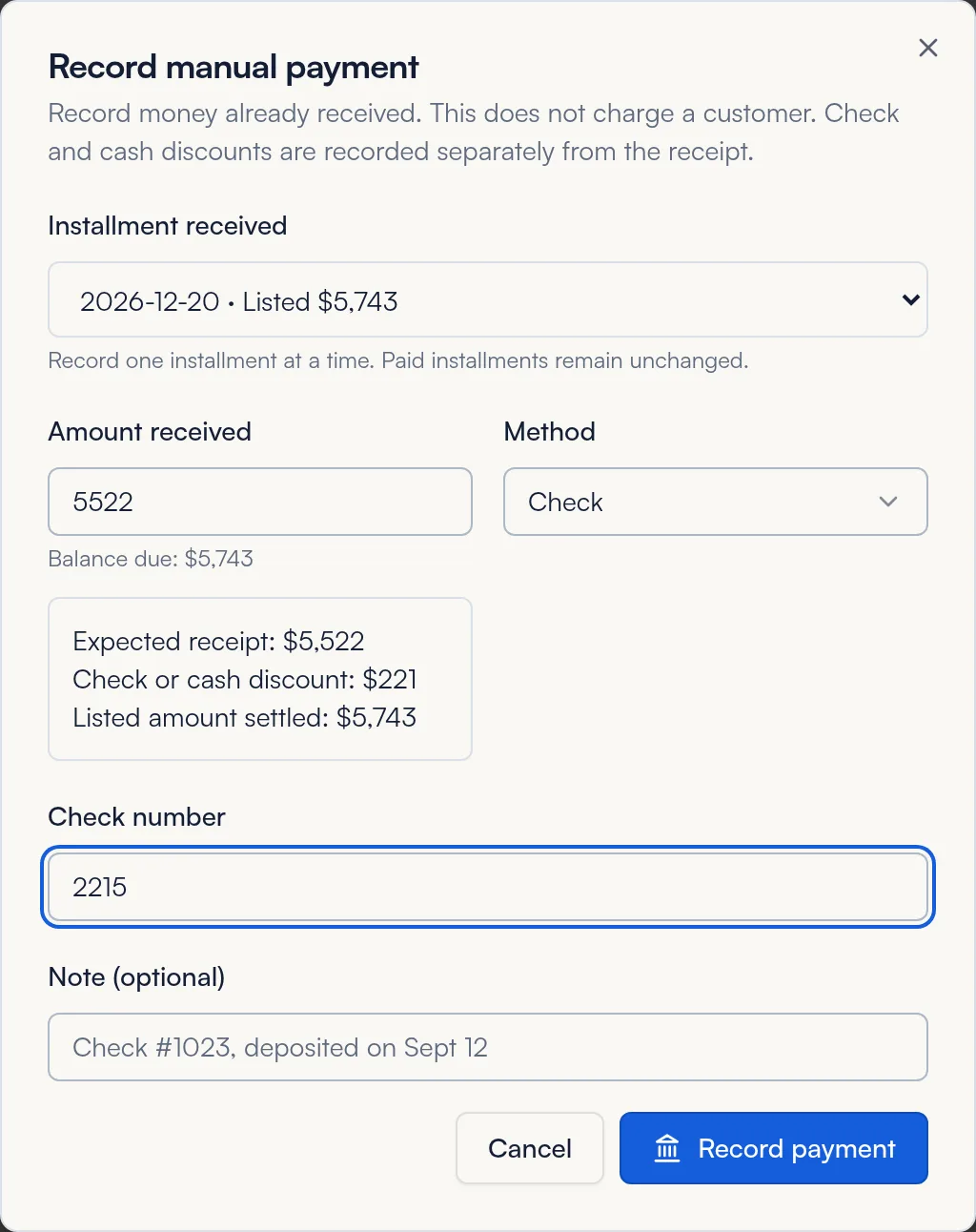 Record manual payment window for a check with expected receipt, discount and check number