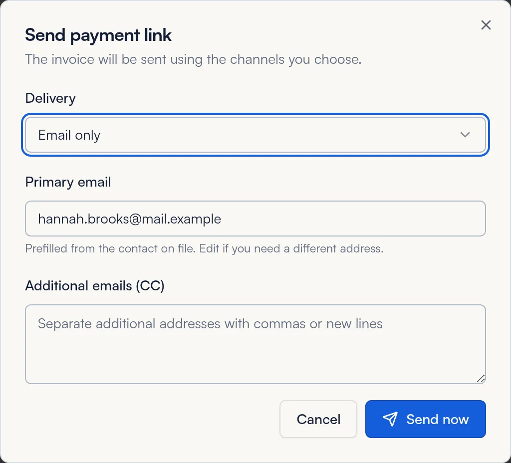 Send payment link window with delivery choice, primary email and CC