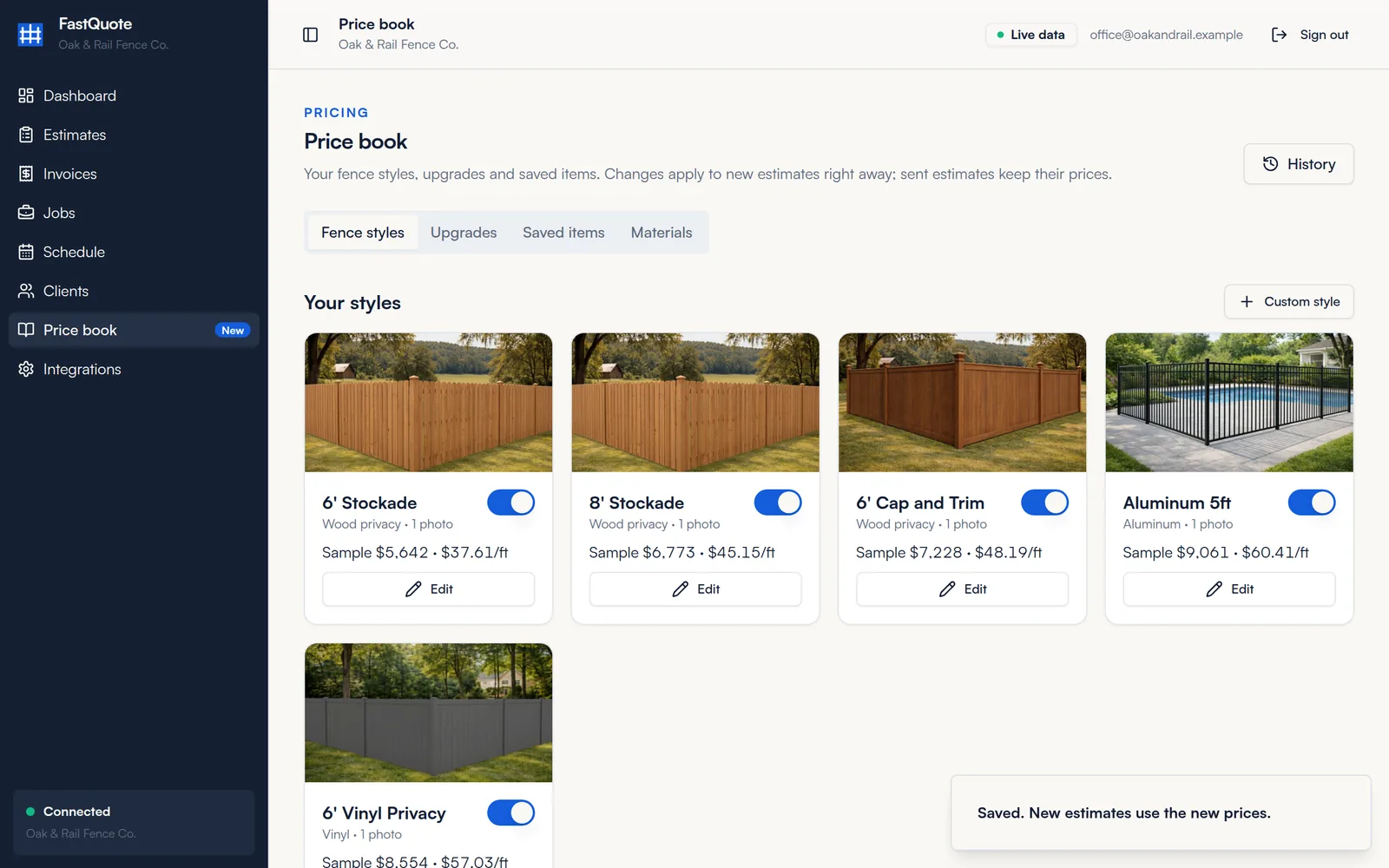 FastQuote price book with fence styles and sample prices