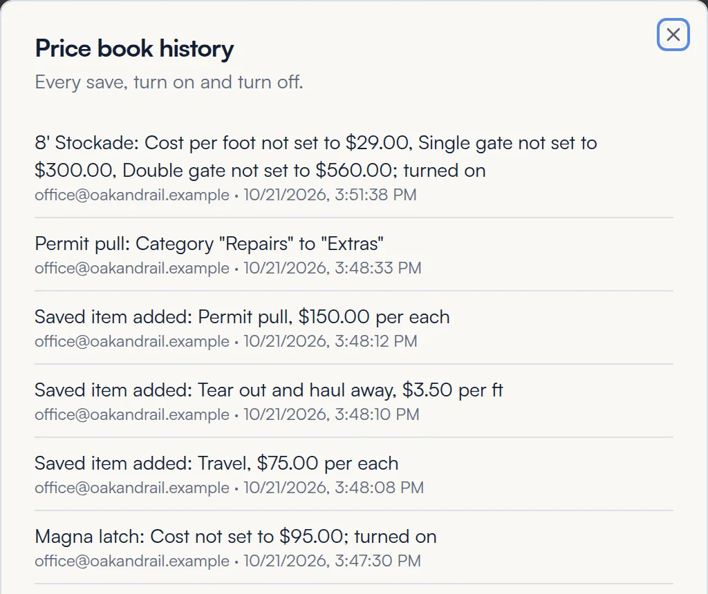 Price book history list showing recent changes with the user and time