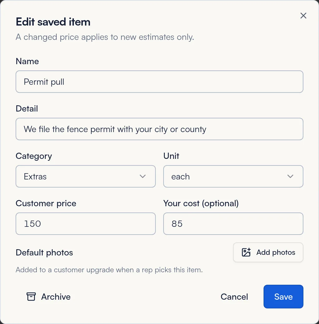 Edit saved item window for Permit pull with name, detail, category, unit, price and cost