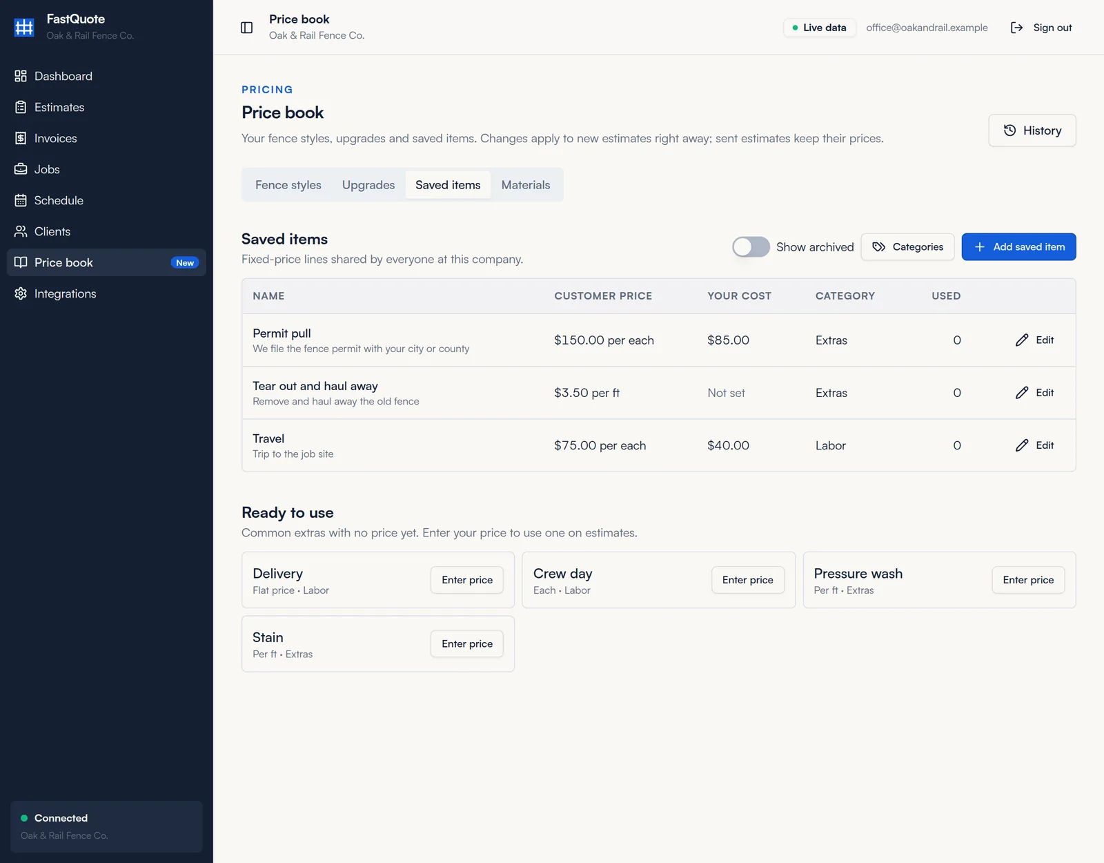Saved items tab with Permit pull, Tear out and haul away, and Travel, plus starter items under Ready to use