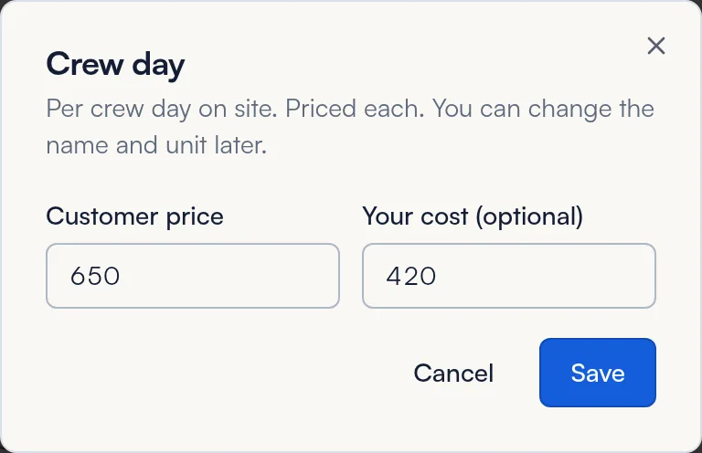 Crew day starter item with customer price and cost entered