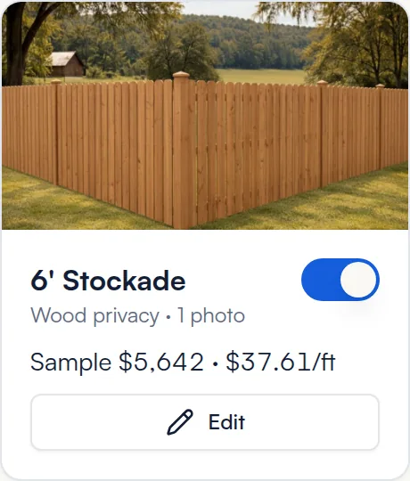 A style card with its on switch, sample price and Edit button