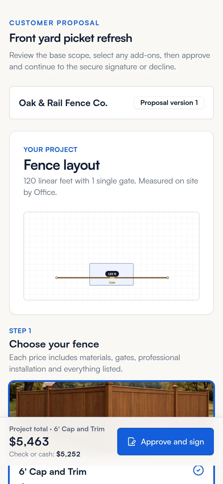 Customer proposal on a phone showing the fence layout and Step 1 Choose your fence