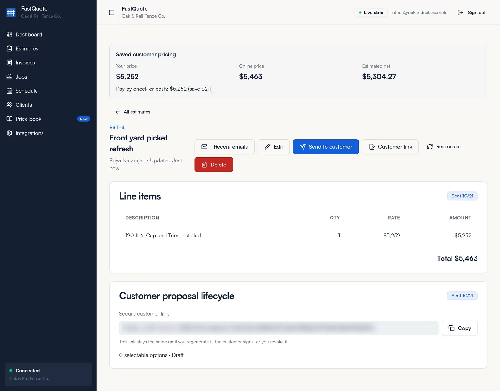 Estimate page with Recent emails, Edit, Send to customer, Customer link, Regenerate and Delete