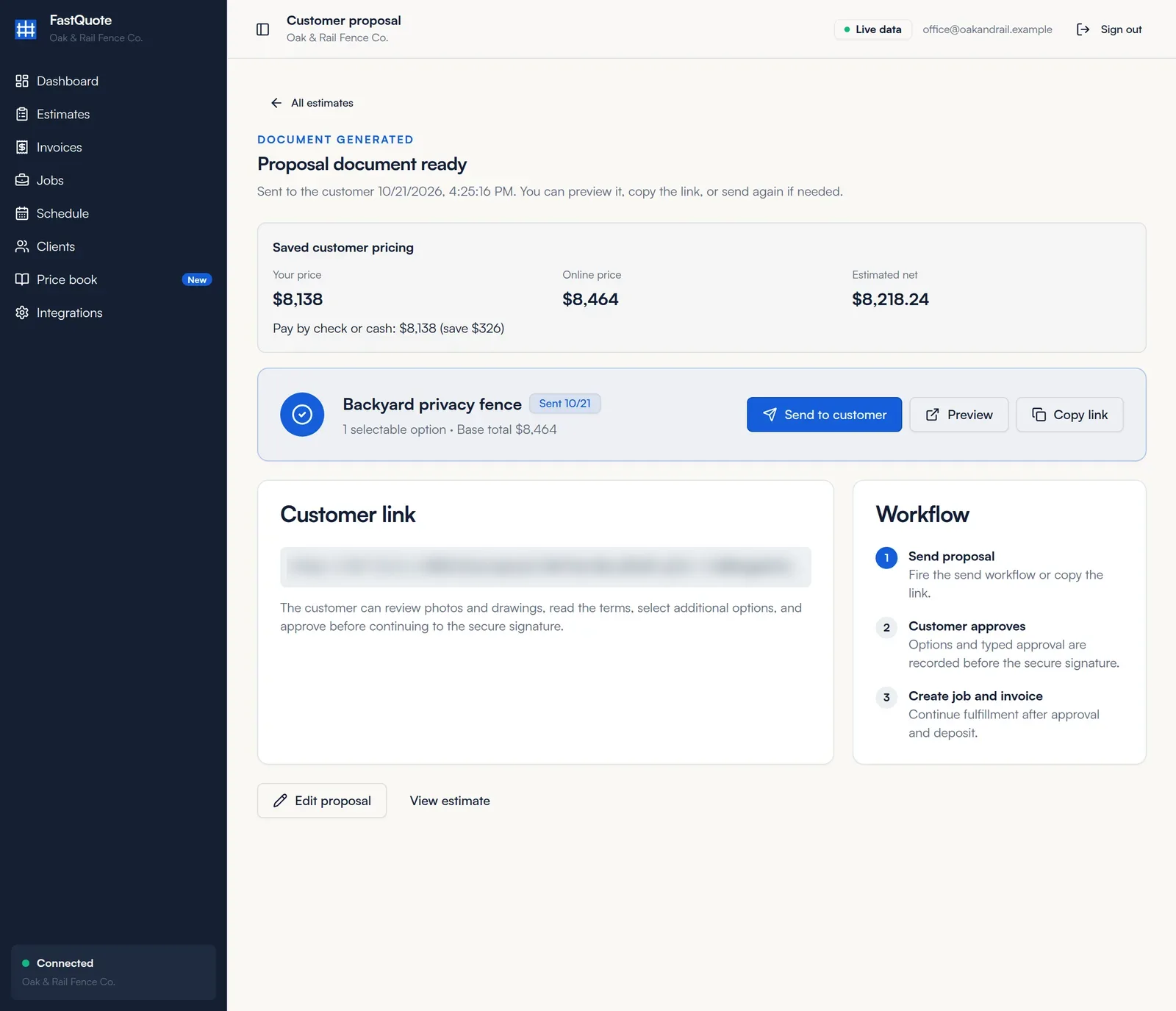Proposal document ready page with saved customer pricing, Send to customer, Preview and Copy link