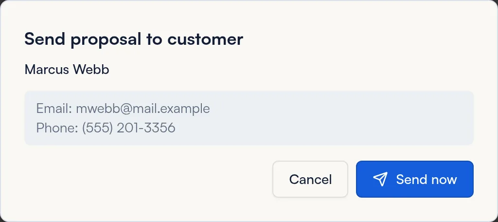Send proposal to customer window showing the customer's email and phone