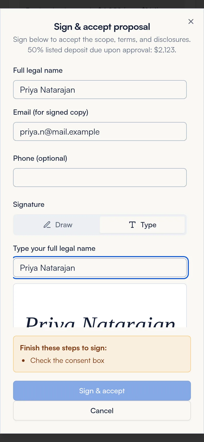 Sign and accept window with a typed signature