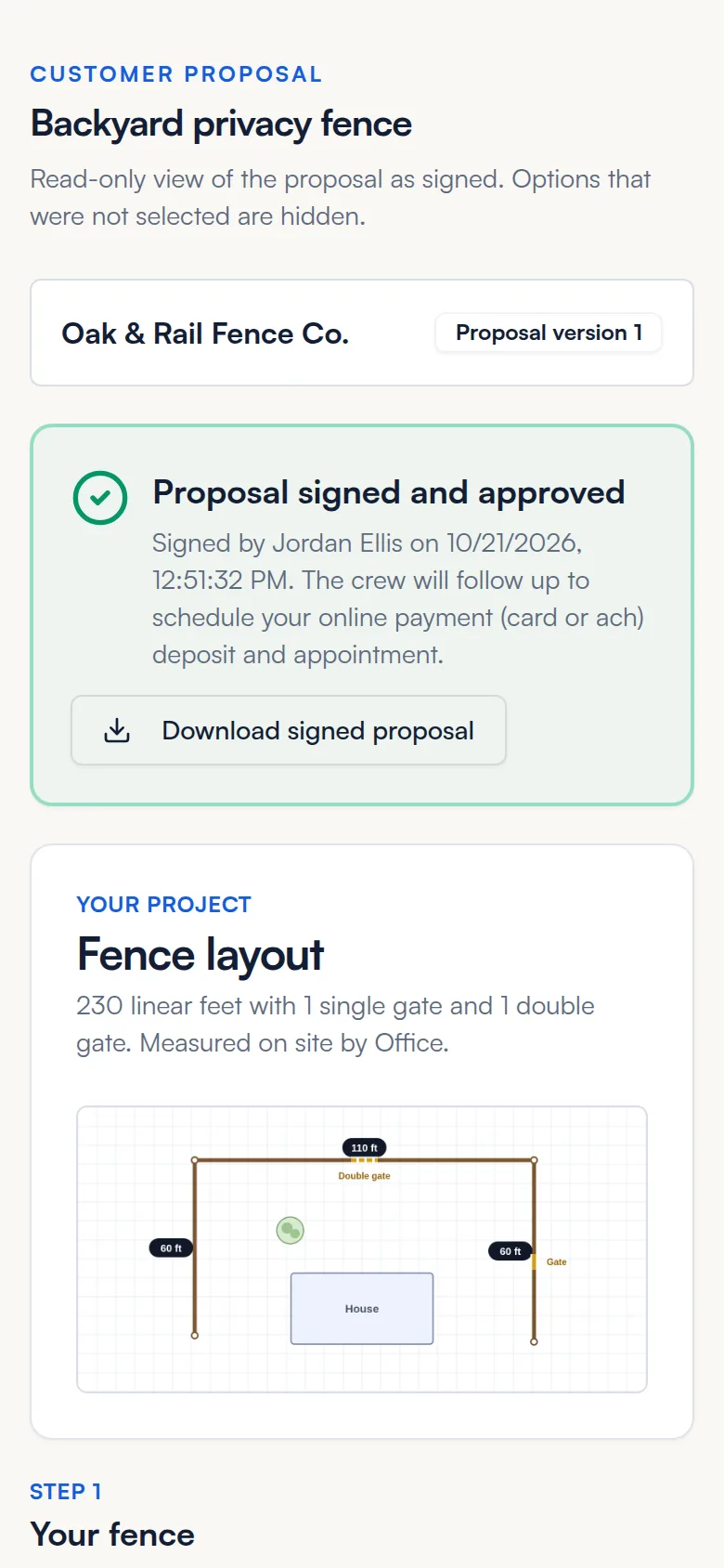 Signed proposal on a phone showing Proposal signed and approved and Download signed proposal