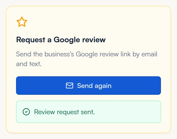 Review card after sending, showing Review request sent and Send again