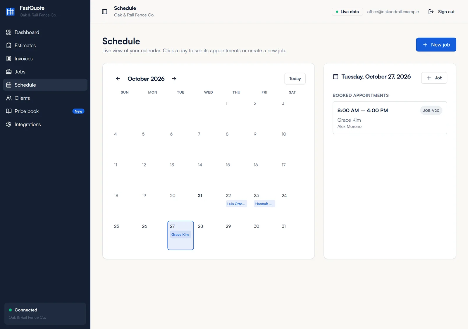 Schedule month view with a day selected showing a booked appointment