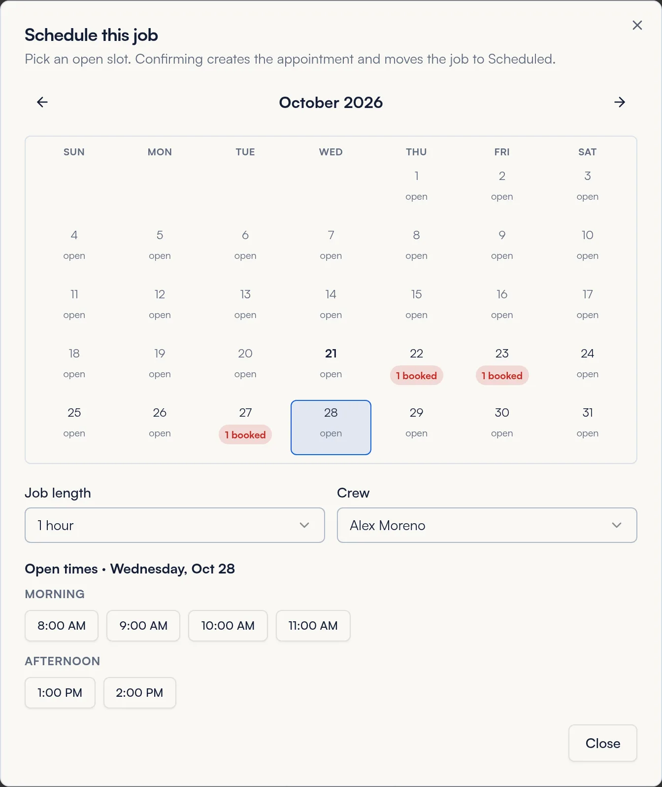 Schedule this job window with a month calendar, job length, crew and open morning and afternoon times